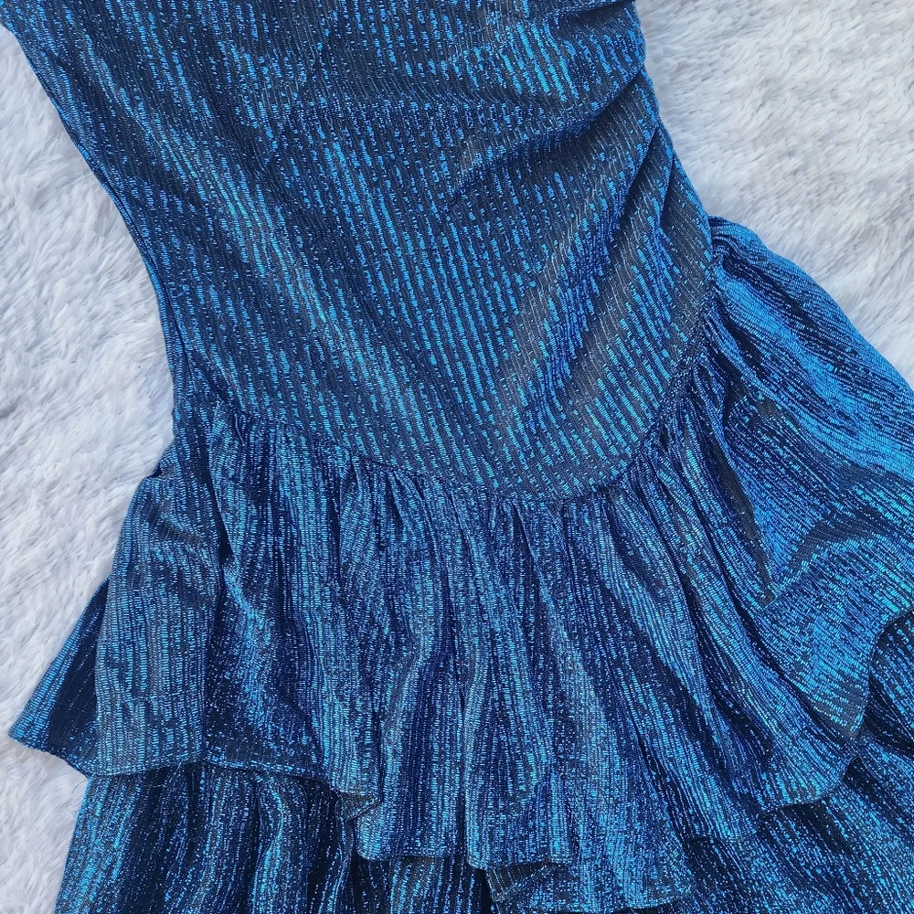 Stash‎ Vintage 1980s Metallic Blue One Shoulder Ruffle Prom Dress - Picture 3 of 10